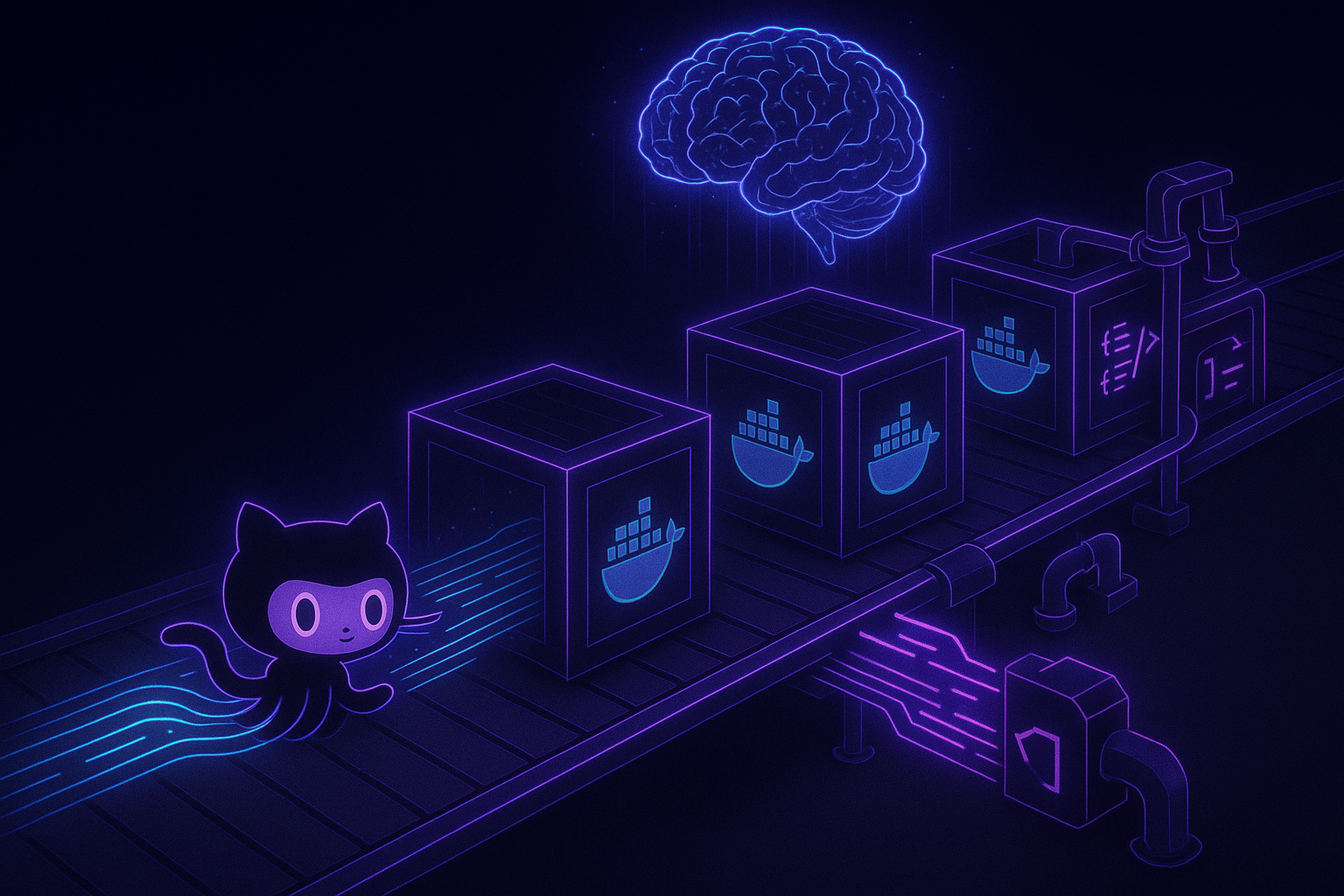 Claude GitHub Webhook brain factory - AI brain connected to GitHub octocat via assembly line of Docker containers